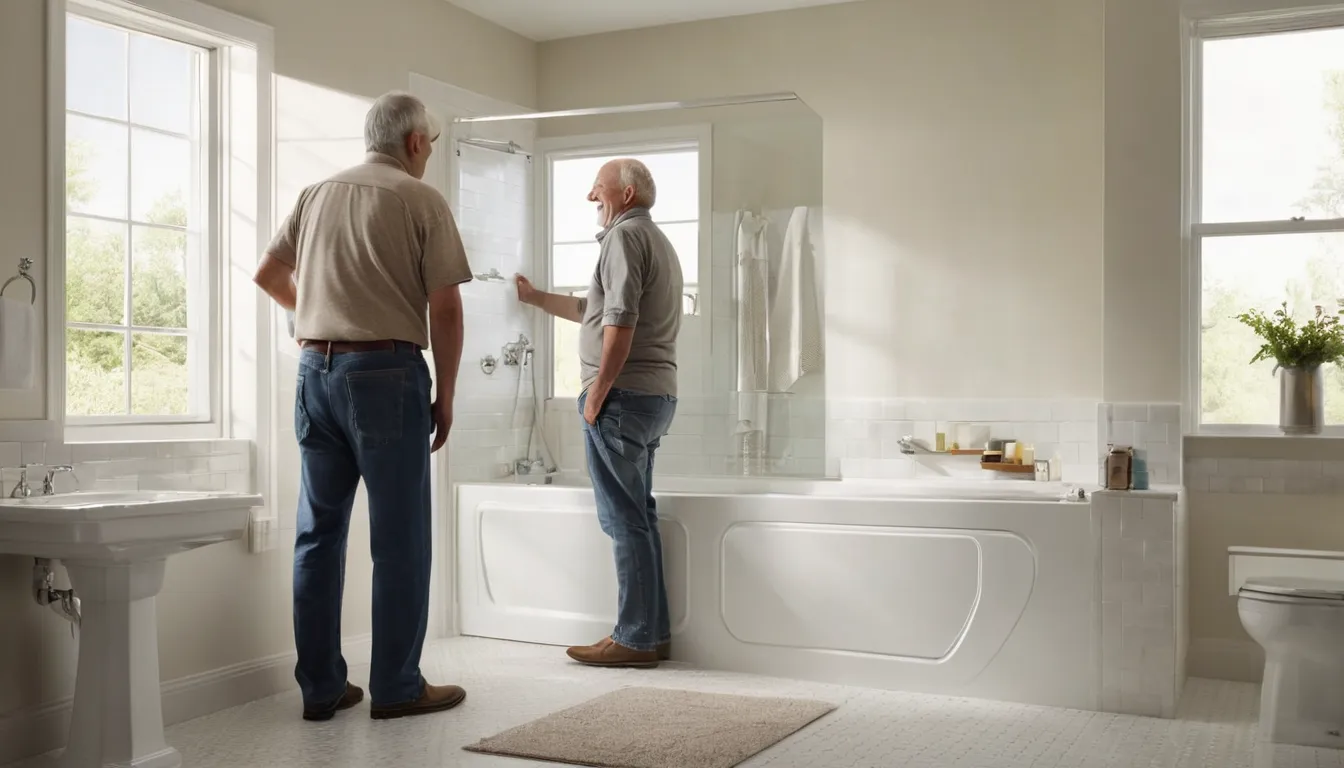 A friendly provider showing a homeowner a walk-in tub with an open side door in a bright Lebanon bathroom